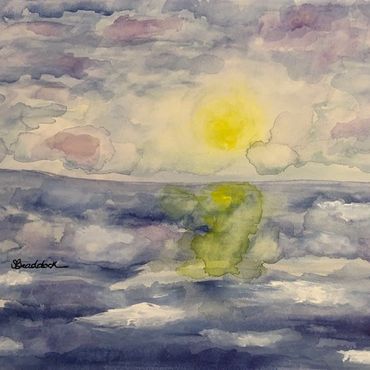 Watercolor. Sunset beach scene. Yellow circular sun in center with pops of purple and blue.