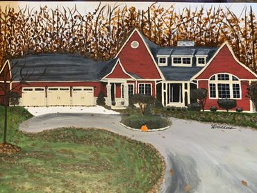 Acrylic custom house portrait. Red house with long driveway. Falling leaves and trees.