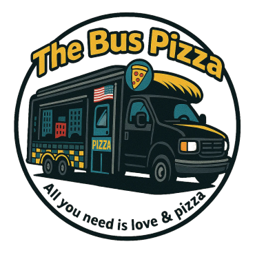 Logo of The Bus Pizza food truck with slogan.