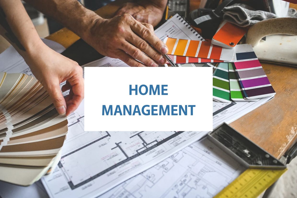 Hands choosing paint swatches over home blueprints with 'Home Management' text.
