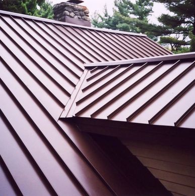 Close-up of a brown metal roof with a chimney and trees in the background.