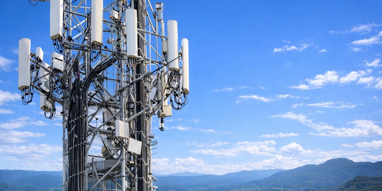 Telecommunication tower with antennas against a blue sky and mountainous landscape.