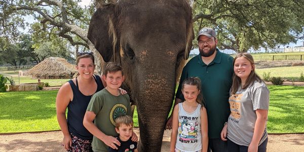 Image of the artists Katie with her family including 4 children and her husband with an elephant.