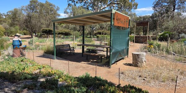 A shaded picnic shelter with benches in a garden setting under a clear sky.