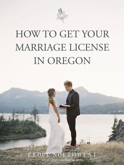 Couple at a scenic outdoor location with text about getting a marriage license in Oregon.