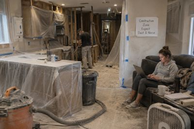 Renovation in progress with protective plastic covers.