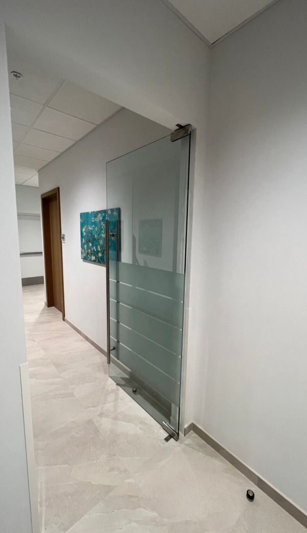 A modern hallway with a glass door and blue floral wall art.