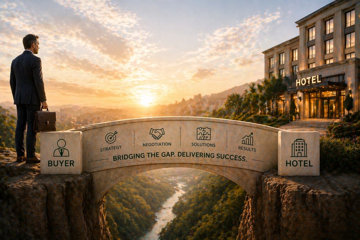 Businessman stands by a symbolic bridge connecting buyer and hotel at sunset.