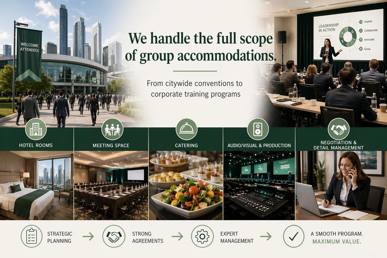 Comprehensive group accommodation services for conventions and corporate programs.