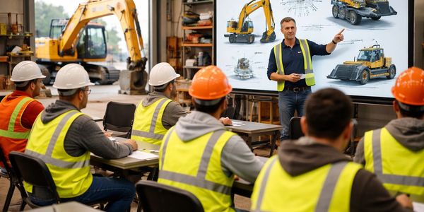 Construction workers attend a training session on heavy machinery operation.