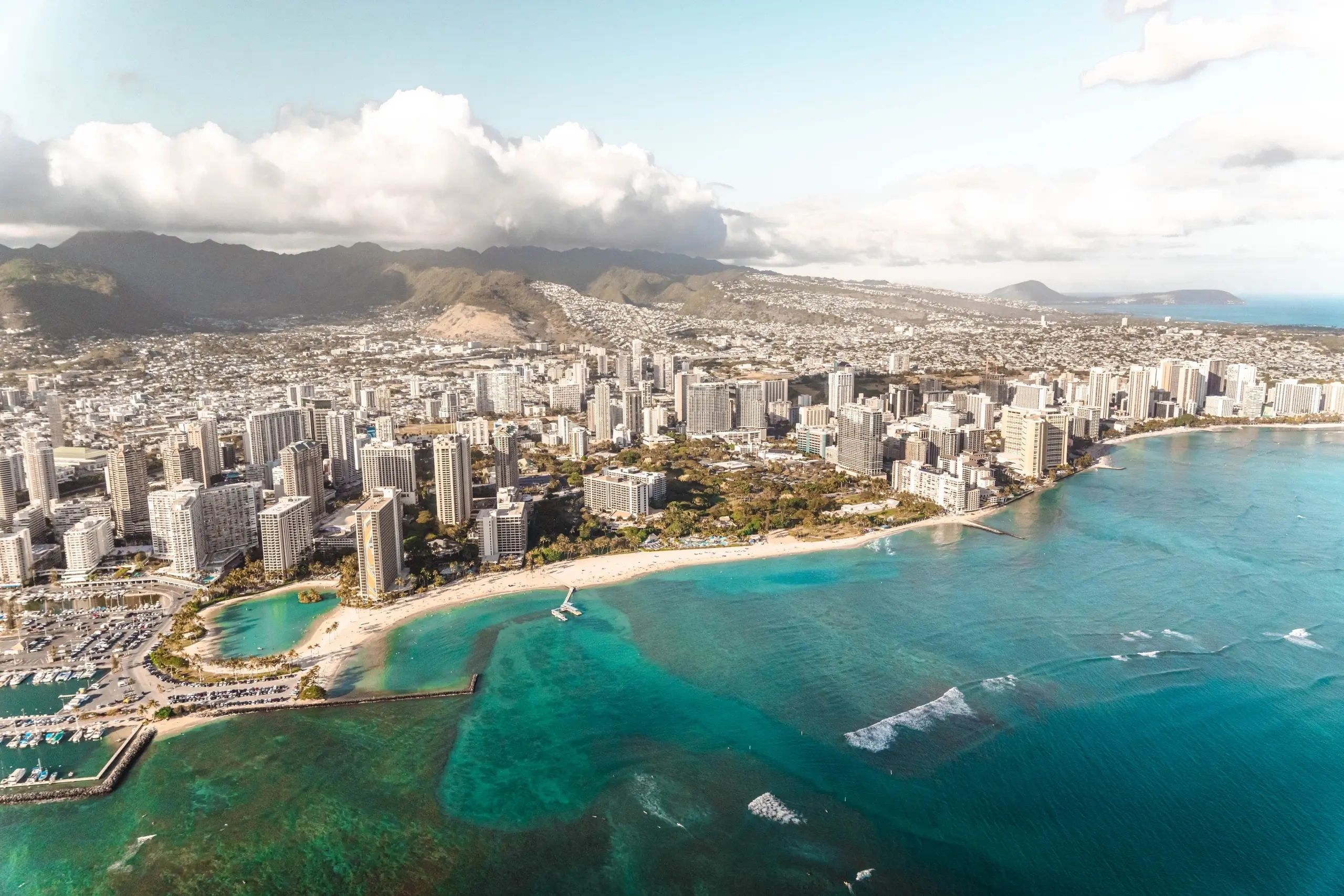 Aerial view of Waikiki Beach and Honolulu’s coastline on Oahu