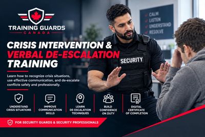 Security guard practicing verbal de-escalation techniques.