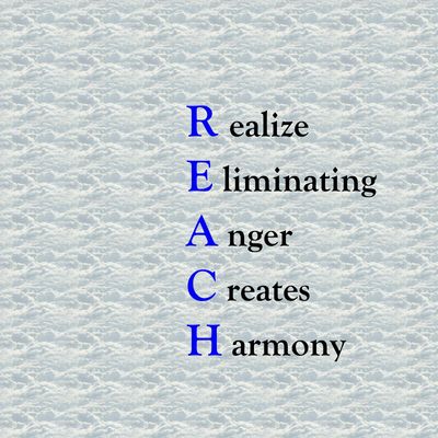 Cloud image with he descending order spelling of REACH, Realize Eliminating Anger Creates Harmony