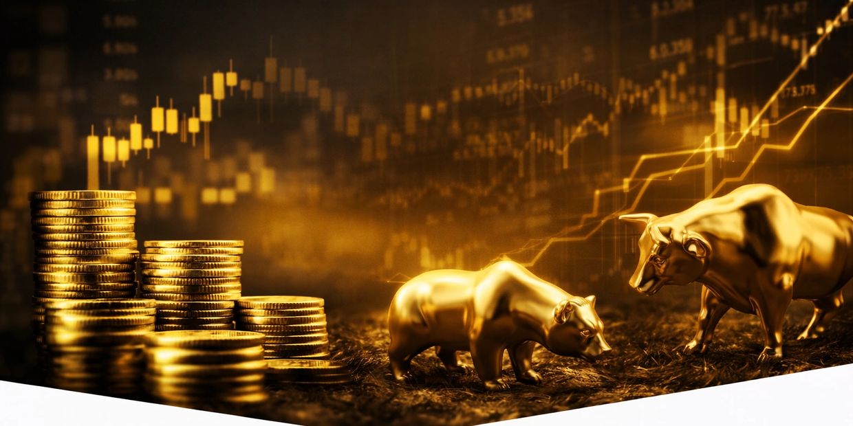 Golden bull and bear statues with stacked coins and rising stock charts in the background.