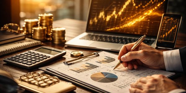 Analyzing financial charts with a pen, laptop, and calculator on desk.