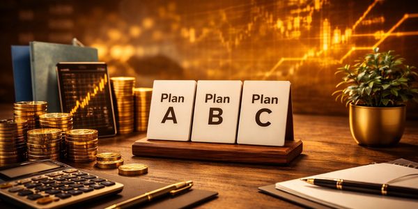 Financial planning options labeled Plan A, B, and C with coins and calculator.