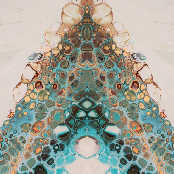 Teal and gold bubbling painting resembling waves and shore meeting