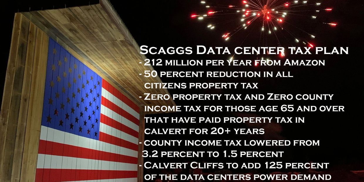 Scaggs data center tax plan with fireworks and American flag mural.