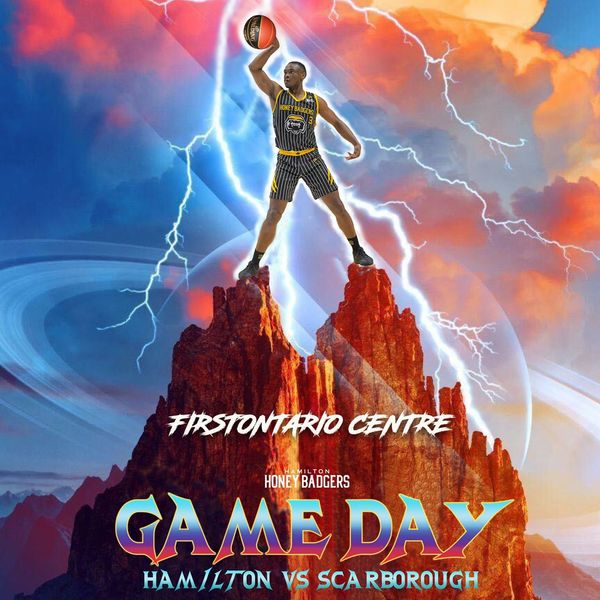 Dynamic basketball poster with player on rocky peaks, lightning, and vibrant sky.