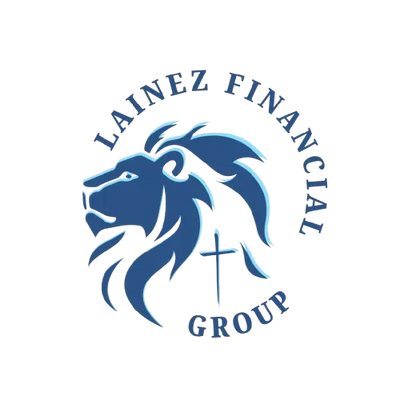 Logo of Lainez Financial Group featuring a stylized blue lion and cross.