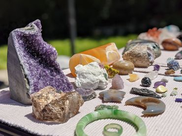 Crystals sitting on a table used for Crystal Therapy