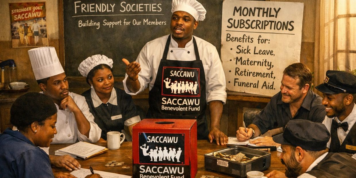 A group discussing monthly subscriptions and benefits at a SACCAWU meeting.