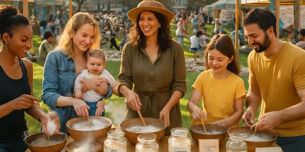 A group of diverse people cooking together outdoors at a market.