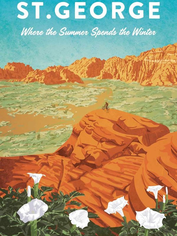 Retro poster of St. George's red rocks and field