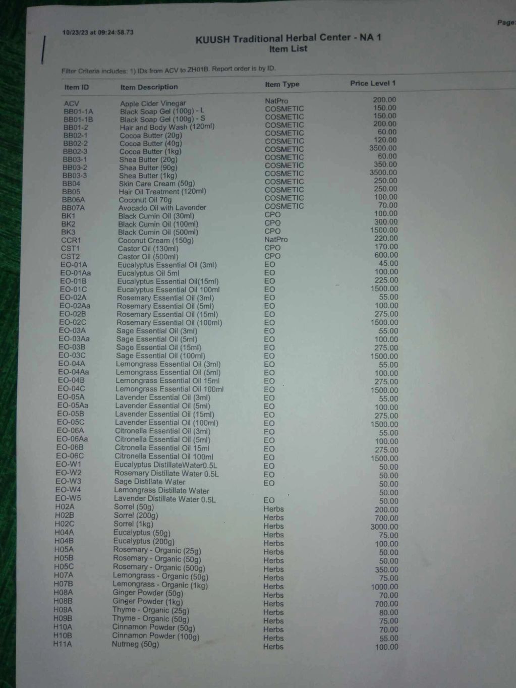 Kuush Traditiona Herb NA-1 Item List