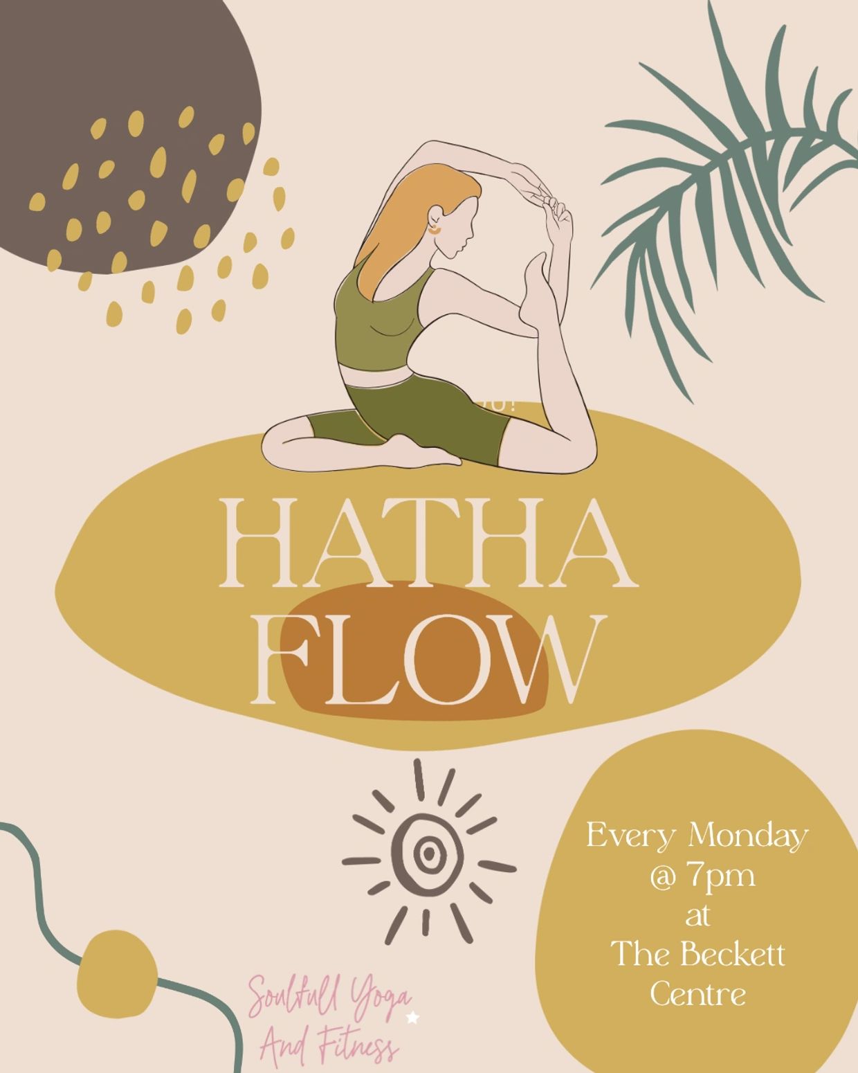 Illustration of a woman doing yoga with text about Hatha Flow classes.