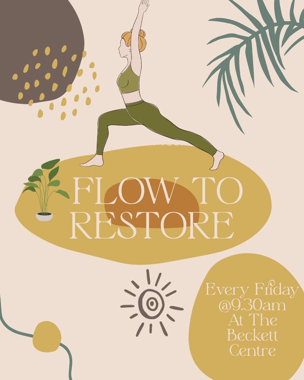 Woman doing yoga with text about a Friday flow to restore class.
