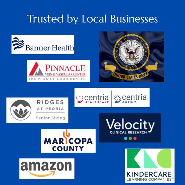 Collage of trusted local business logos on a blue background.