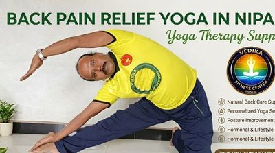 Professional wellness banner for Back Pain Relief Yoga in Nipani featuring yoga therapy support at V