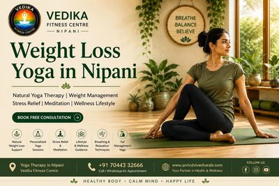 Professional wellness banner for Weight Loss Yoga in Nipani featuring at Vedika Fitness Centre.