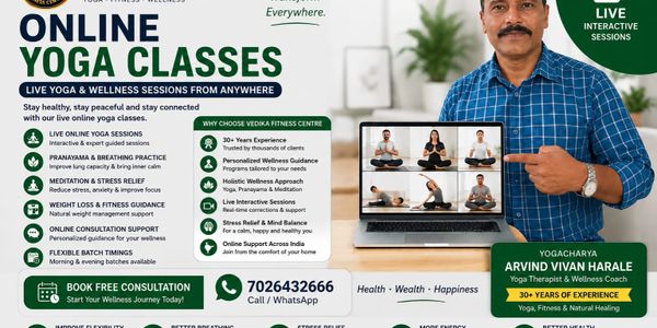 Online yoga classes by Yogacharya Arvind Vivan Harale at Vedika Fitness Centre with live yoga, prana