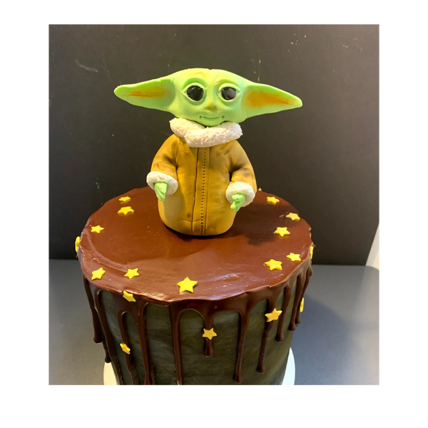 Baby-Yoda topper (around 3-4 inches tall) freshly made from fondant