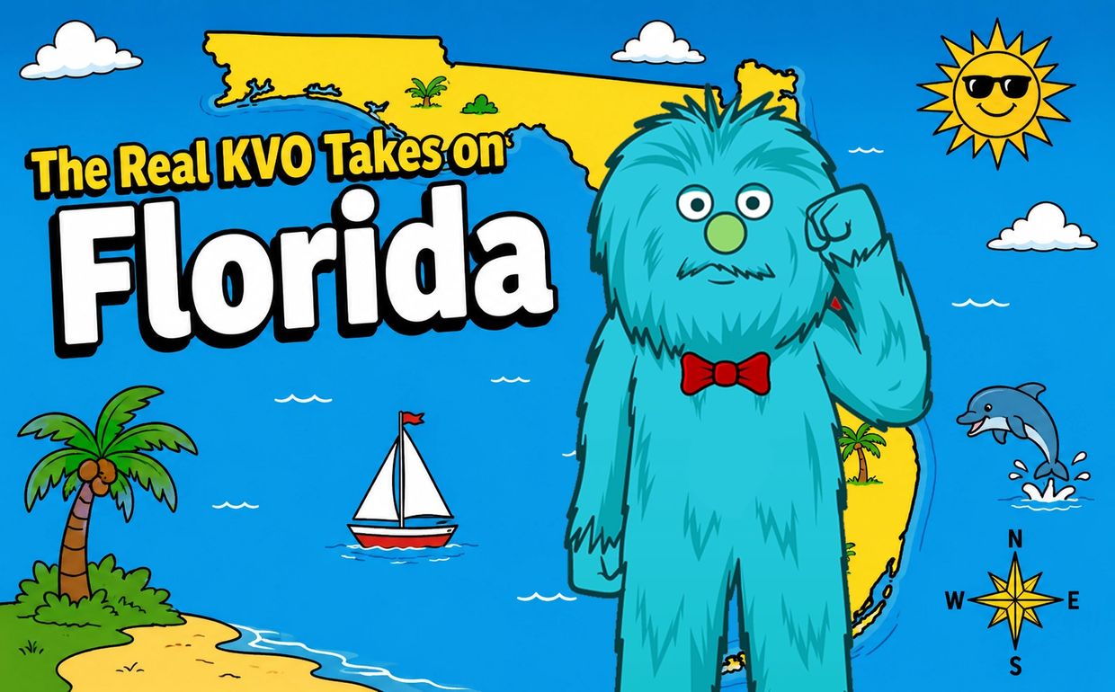 Cartoon-style map of Florida with a blue furry character and bright sun.