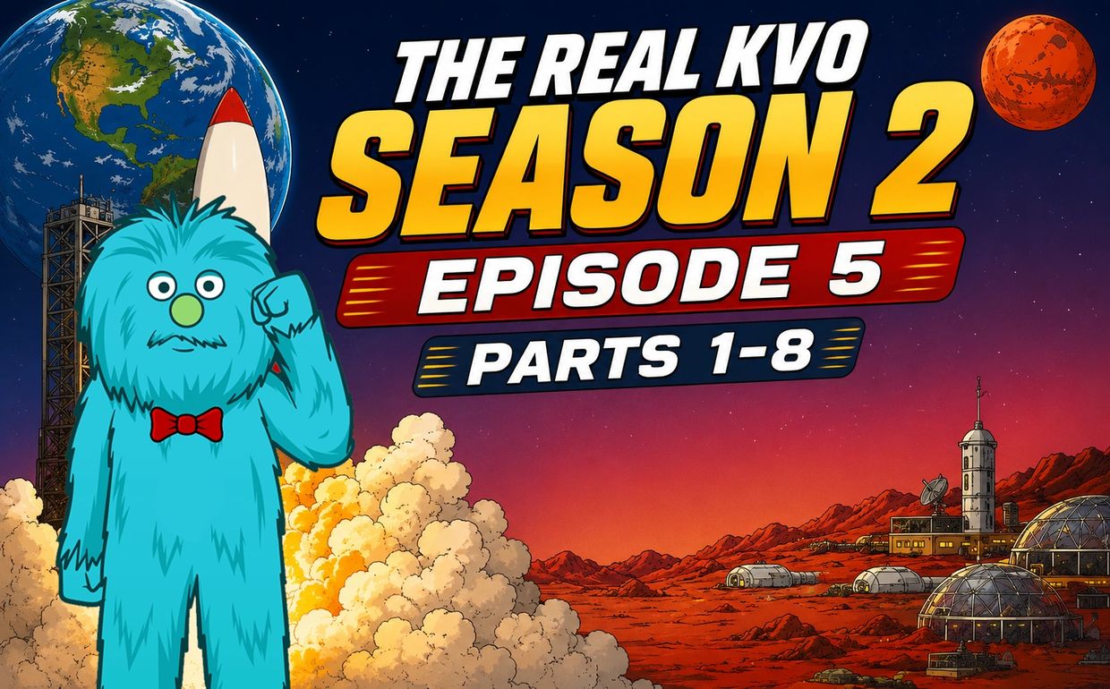 Promotional poster for The Real KVO Season 2 Episode 5, featuring a blue furry character and a space launch scene.