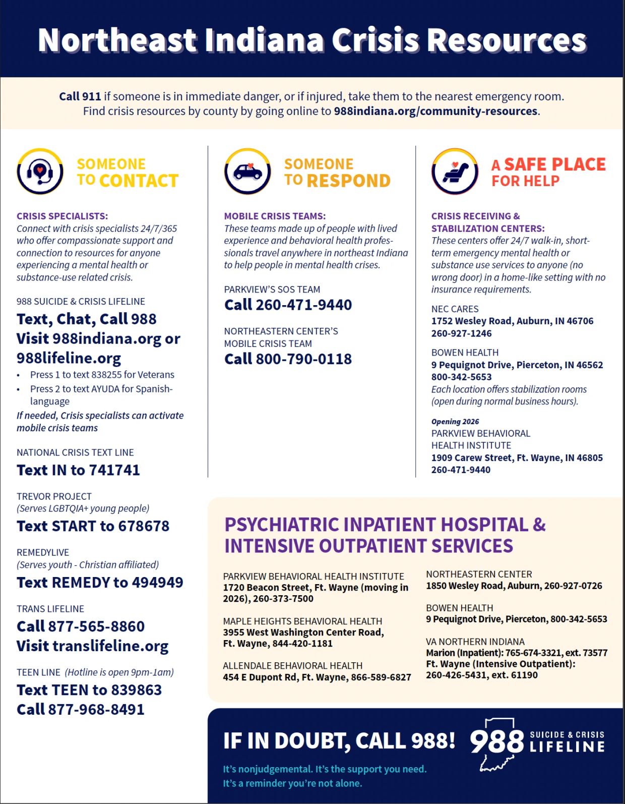 Northeast Indiana crisis resources for mental health and substance use support with contacts and locations.