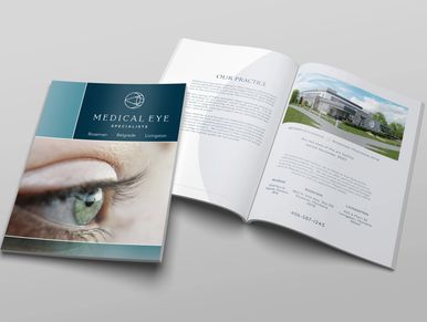 Brochure for Medical Eye Specialists with locations in Montana and an eye close-up on cover.