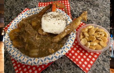 Seafood Gumbo, Top with rice servered with crackers