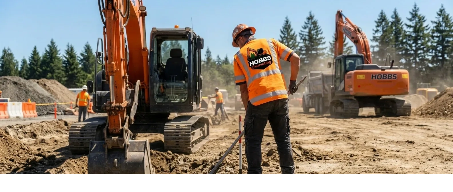 Construction workers and excavators at a Hobbs Excavating site.