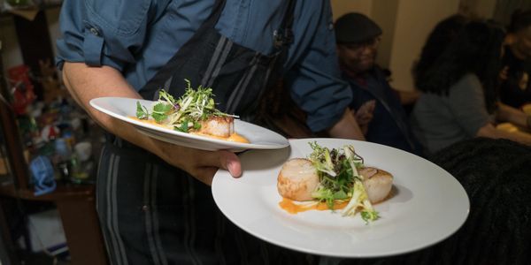Clarendon Cuisine's Seared U-10 Scallops Citrus Frisée Apple Sweet Potato Puree