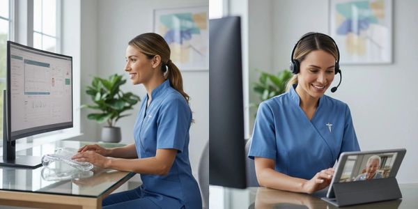 A nurse in blue scrubs working on a computer and video calling a patient.