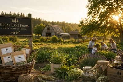 Rustic farm scene with fresh herbs and a family in the background.