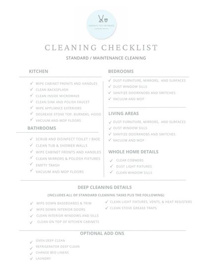 Cleaning checklist outlining tasks for kitchen, bathrooms, bedrooms, living areas, and deep cleaning.