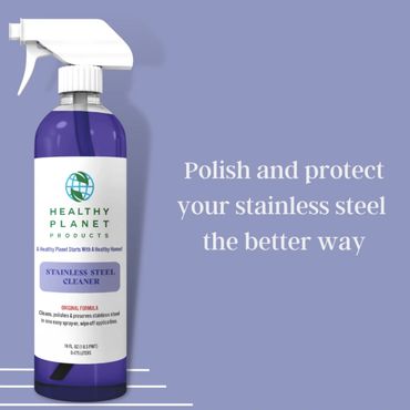 Healthy Planet stainless steel cleaner in a purple spray bottle with protective benefits.