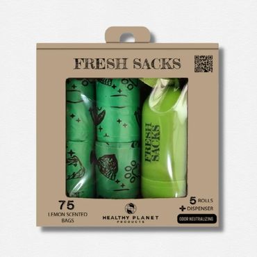 Box of lemon scented Fresh Sacks with dispenser from Healthy Planet Products.