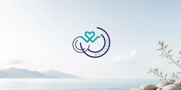 Minimalist logo with heart and waves, text 'Wellcaza' over serene ocean landscape.
