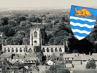 View of the historic market town of Beverley and the town crest featuring a beaver.
